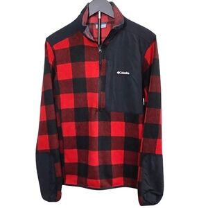 Columbia Mens Fleece Pullover  Mountain Red Black Buffalo Plaid Outdoors Size M